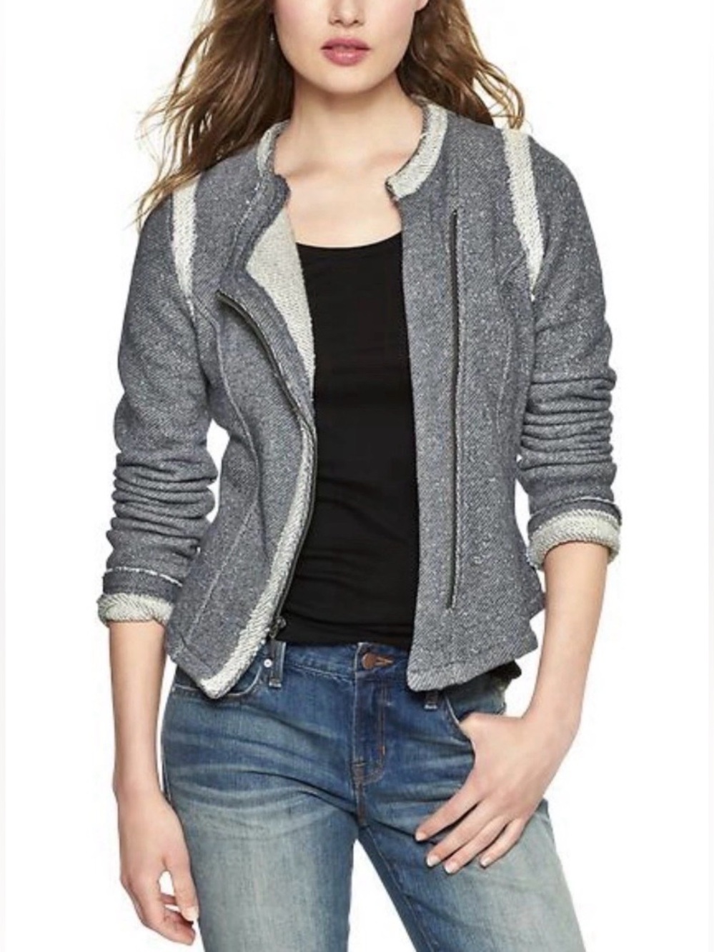 Gap 100% Cotton Moto Jacket Terry Asymmetrical Zipper Fringe Hem Size S
